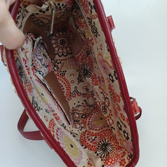 Brighton Bag Woven Natural Straw Red Croc Embossed Leather Floral Charm Dust Bag - Picture 10 of 14